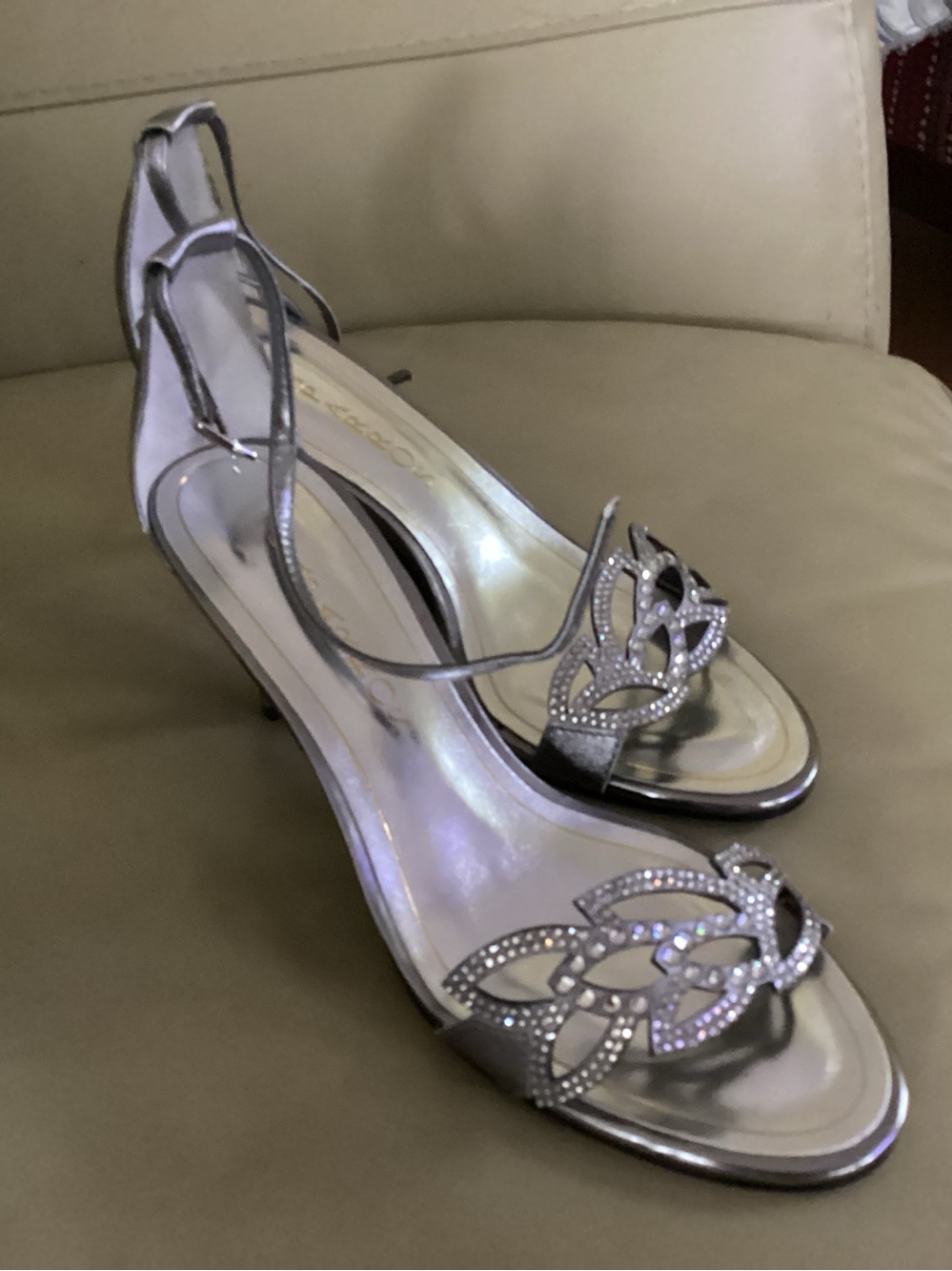 Caparros Silver Rhinestone Open-Toe Slingback Heels